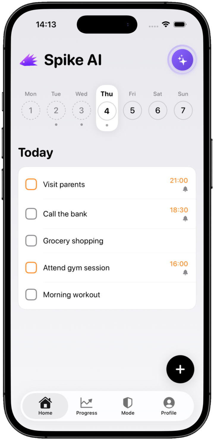 Spike AI app showing today's task list with reminders and quick-add